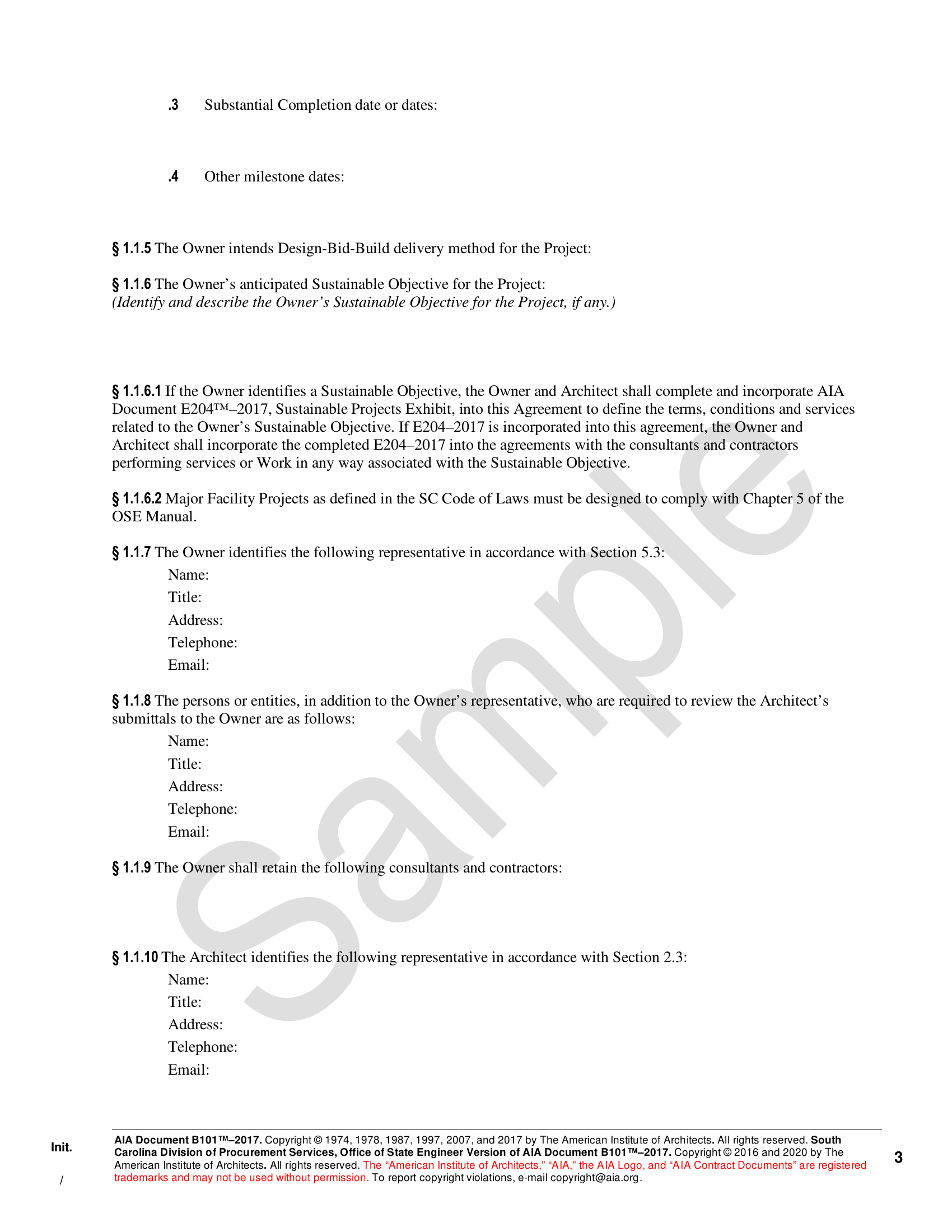 South Carolina Office of State Engineer Version of AIA Document B101